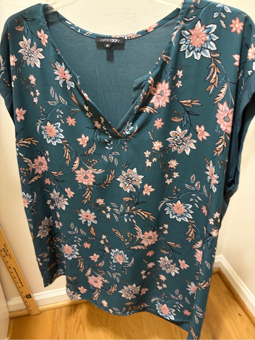 Papermoon Teal Floral V-Neck Blouse with Pink Accents